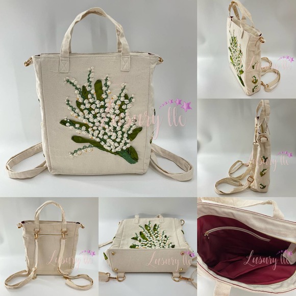 Lily Of The Valey Embroidery Convertible Backpack Tote Crossbody Bag, White main image 10